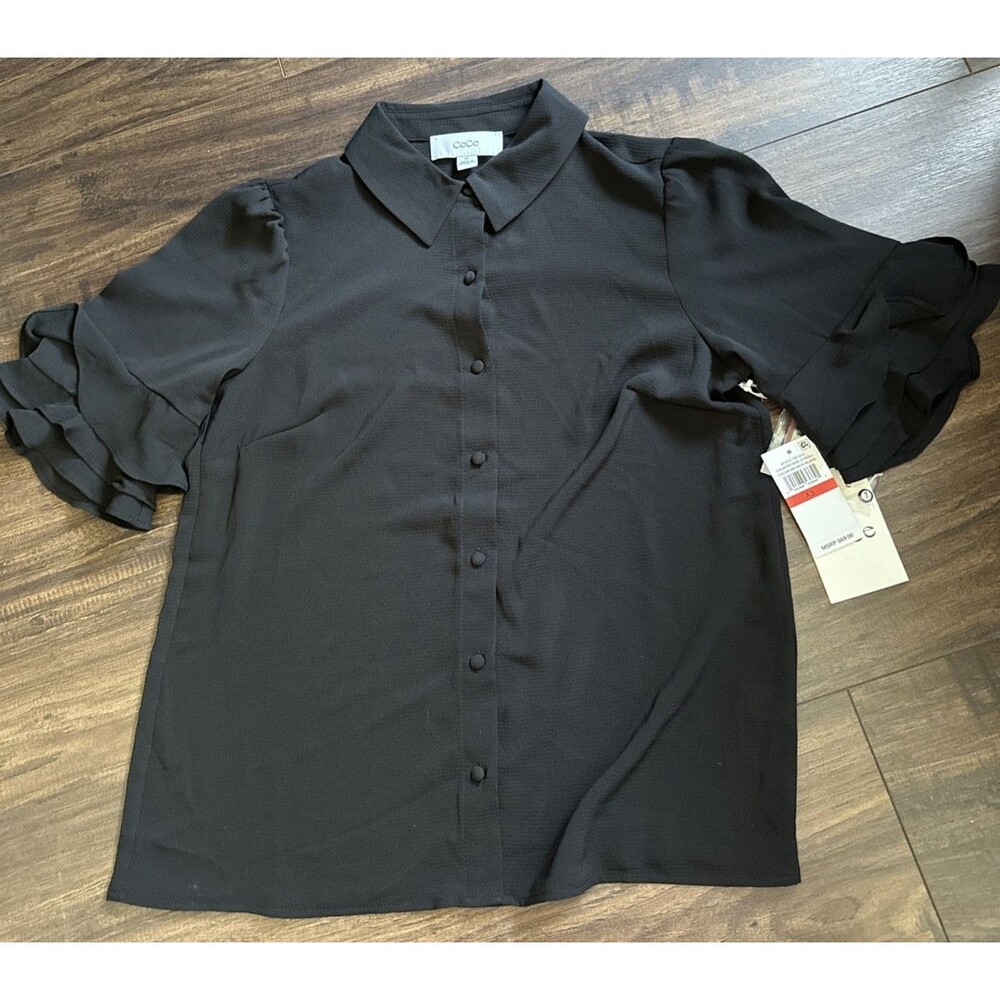 CeCe Women's Short Sleeve Ruffle Trim Sleeve Button Down Blouse Black XS - Picture 2 of 6